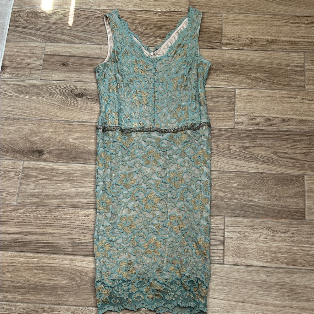 Alexia Admor Teal and Gold Lace Midi Dress
